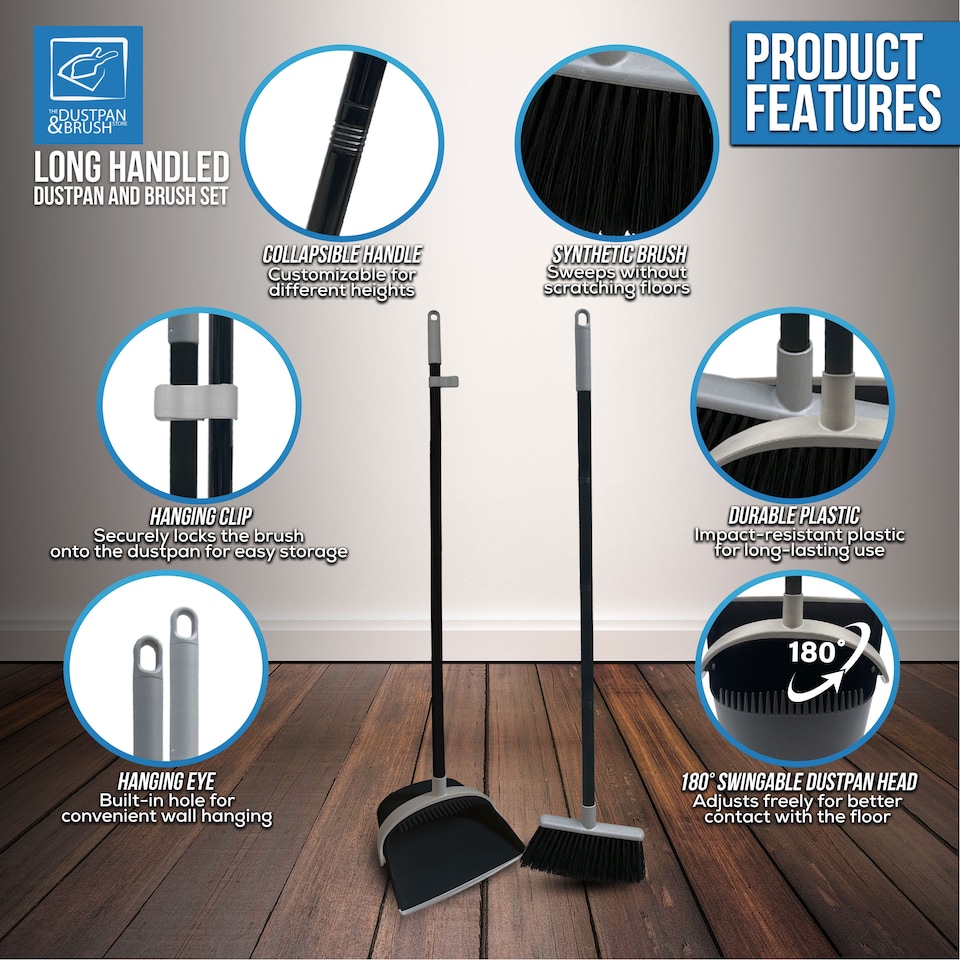 image 1 of Indoor Soft Bristle Broom & Swivel Dustpan Set Long Handle Cleaning Kit