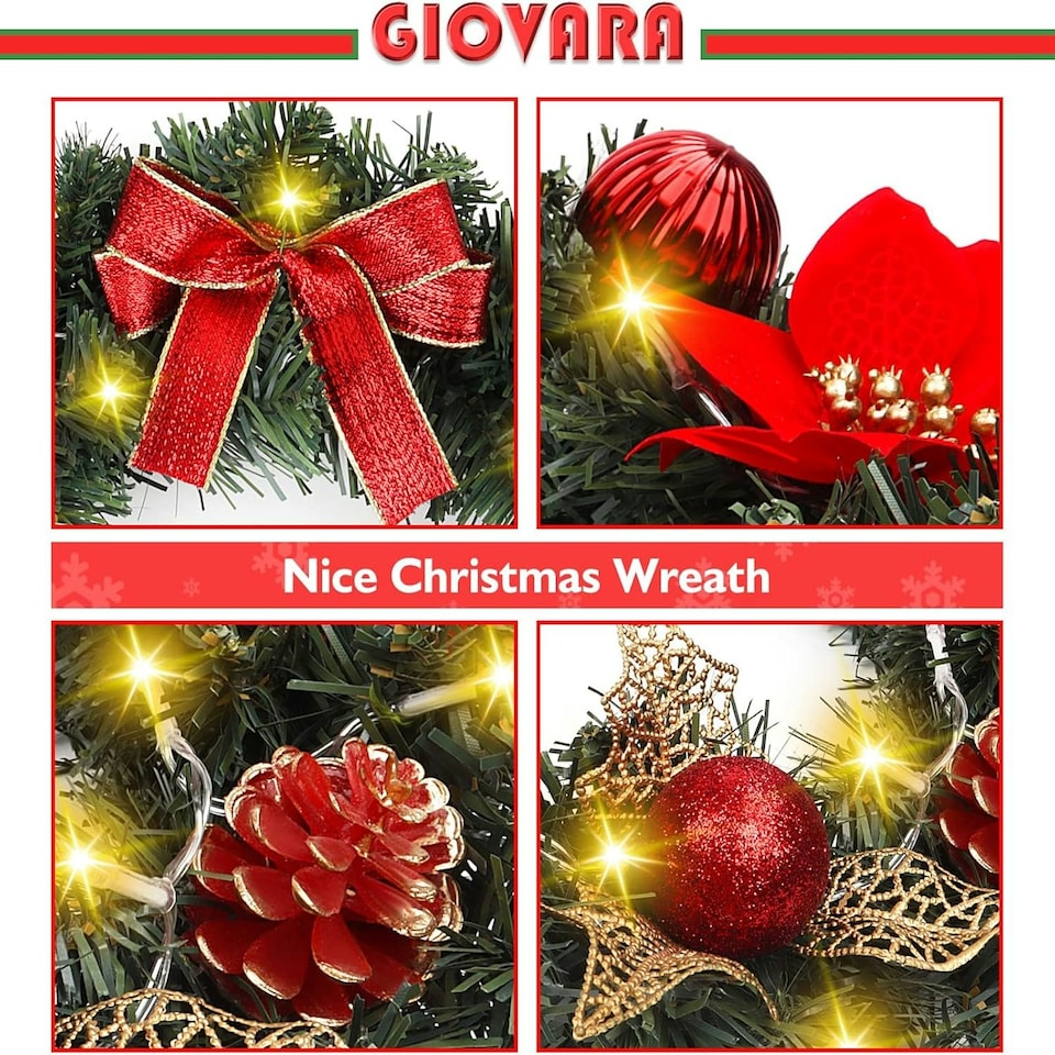 image 1 of Christmas Wreath, Artificial Door Wreath with 30 LED Lights and Hanger