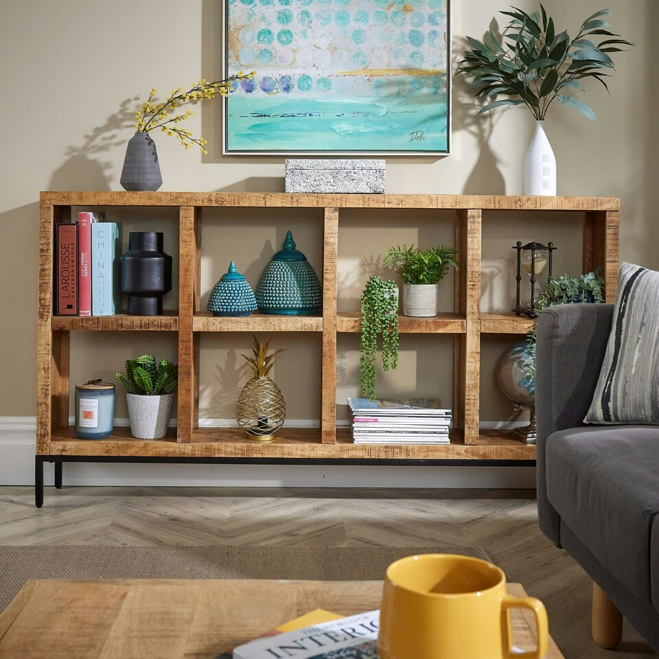 image 1 of Open Wide Bookcase Solid Wooden Mango Frame Iron Home Office Furniture Storage Brown