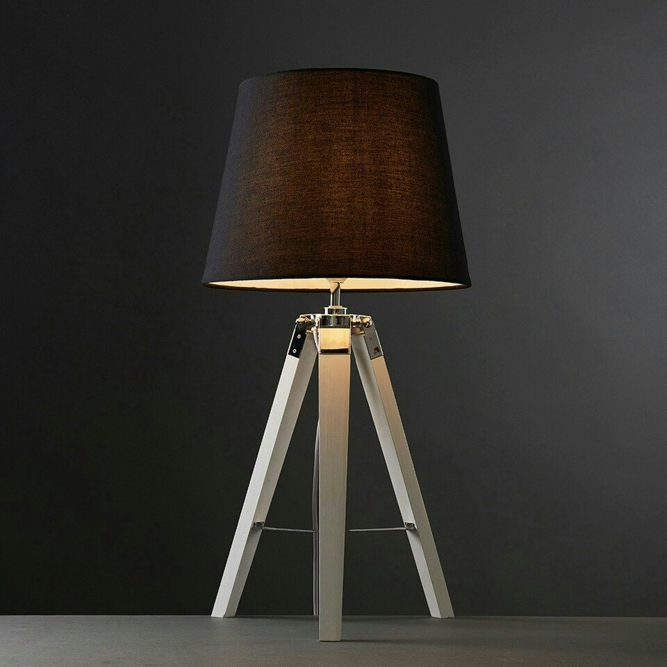 image 1 of ValueLights Clipper White Tripod Table Lamp With Large Black Tapered Shade Black