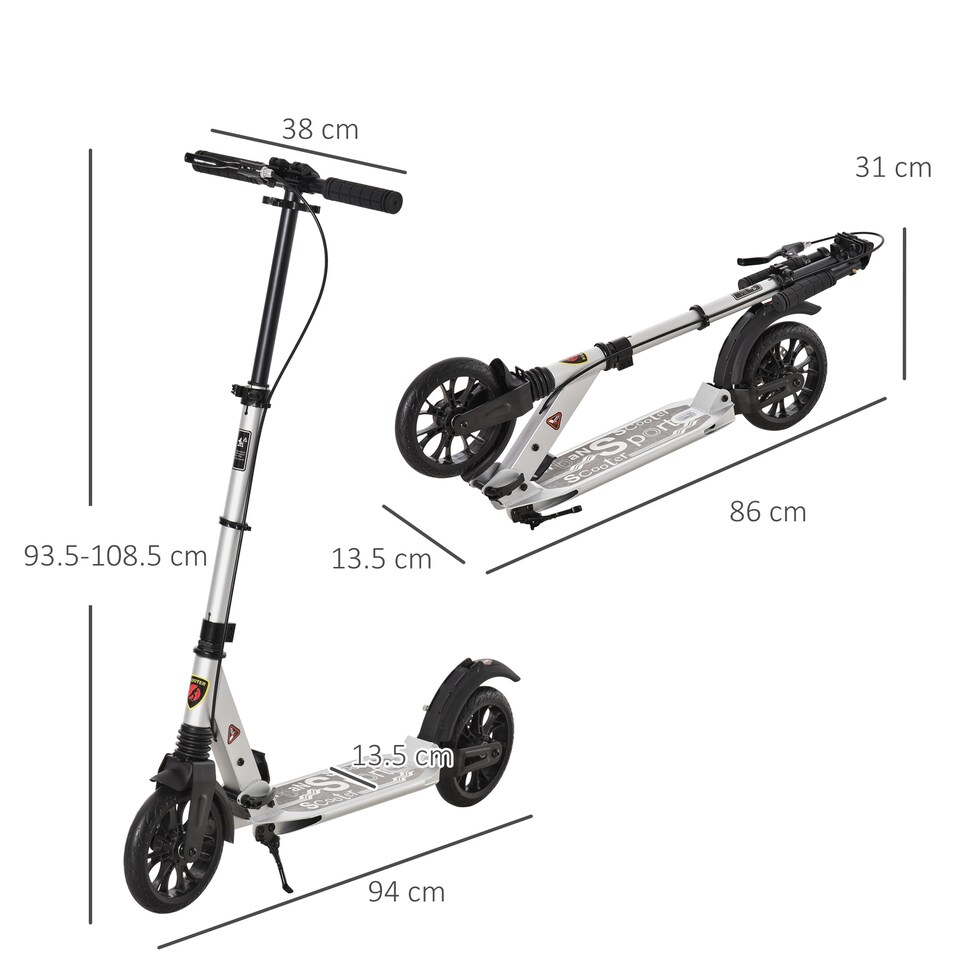 image 1 of HOMCOM Adult Teens Kick Scooter Foldable Height Adjustable Aluminium Ride On Toy for 14 older with Rear Wheel & Hand Brake, 200mm Big Wheels, Shock Mitigation System - Silver
