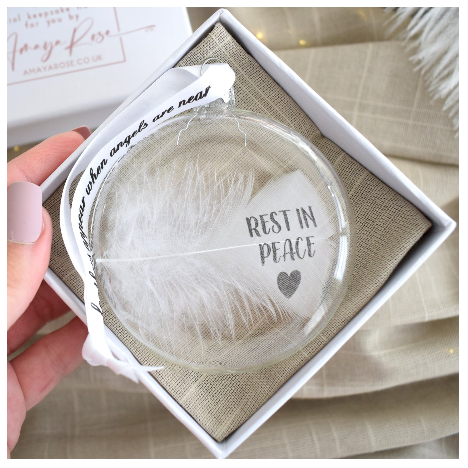 Amaya Rose Ltd Rest In Peace Round Feather Bauble Bereavement Memorial Condolence in Clear