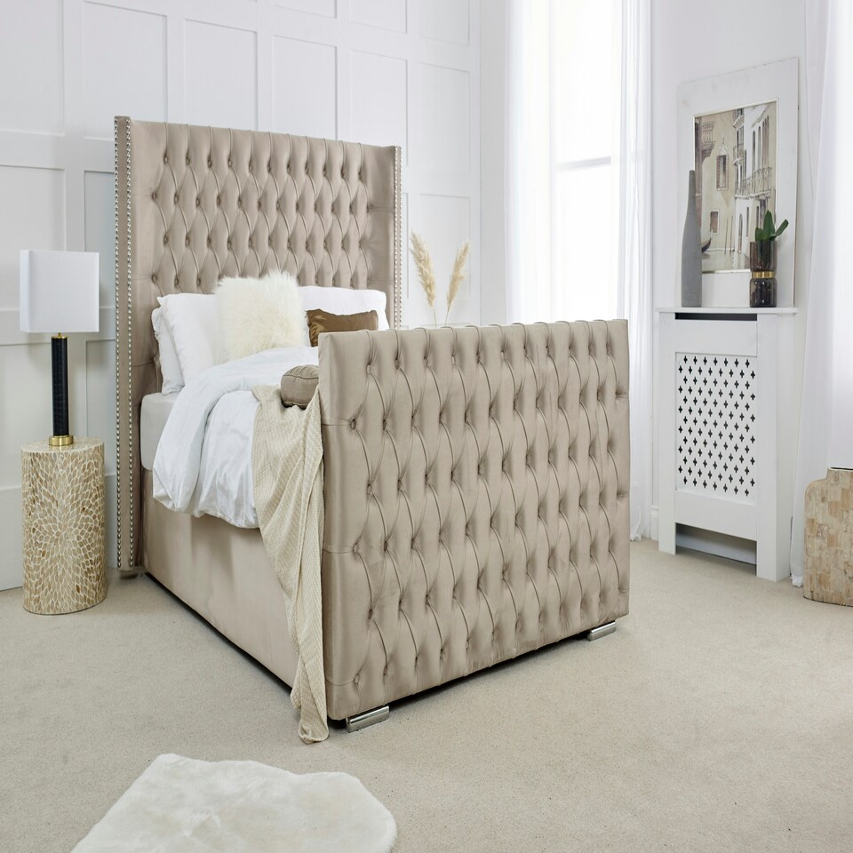 image 1 of Meila Plush Double Bed Frame - Beige
