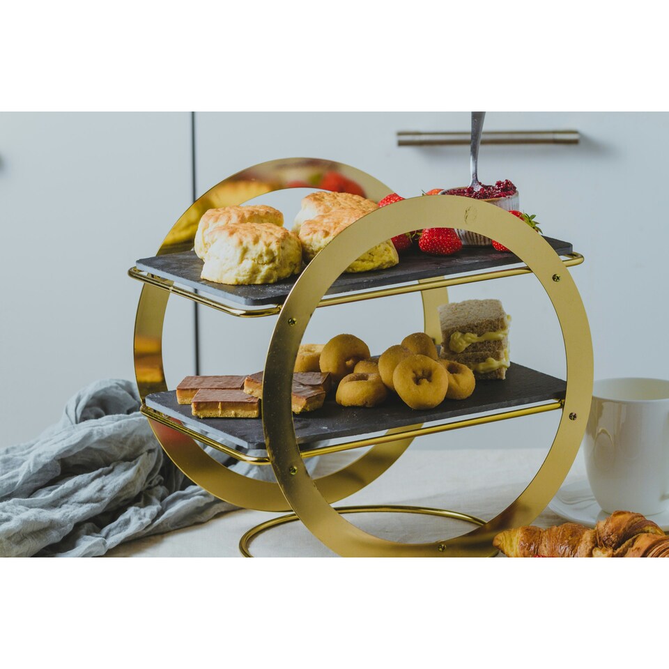 image 1 of Artesà 2-Tier Brass Geometric Serving Stand with Slate Black
