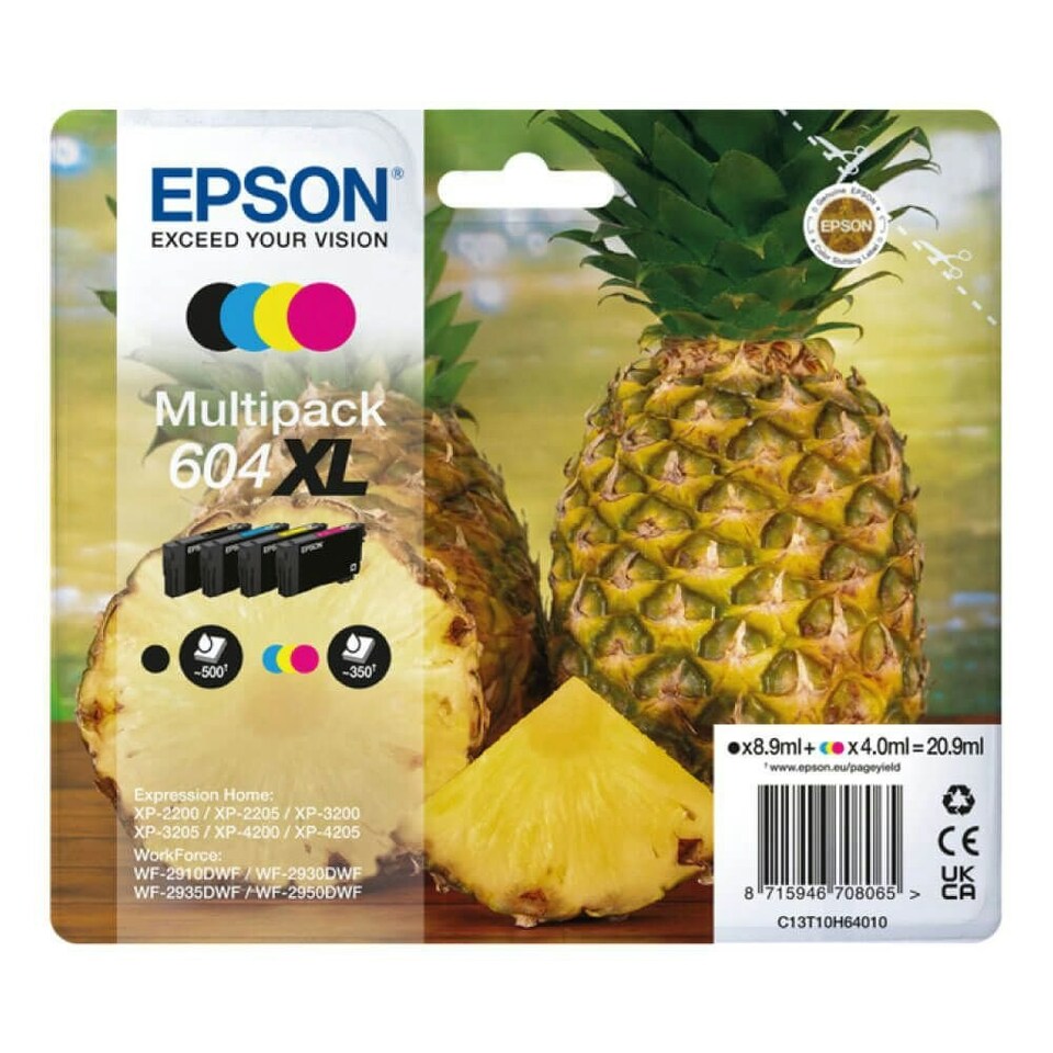 Epson Pineapple 604 Black Cyan Magenta Yellow High Capacity Ink Cartridge Multipack 8.9ml + 3 x 4ml (Pack 4) - C13T10H64010 N/A