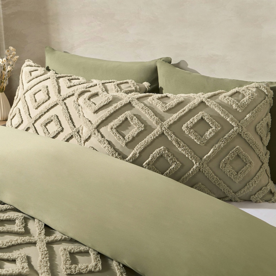 image 1 of OHS Geometric Tufted Soft Plump Cosy Fleece Duvet Cover and Pillowcase Bedding Set Green | Sage | Single