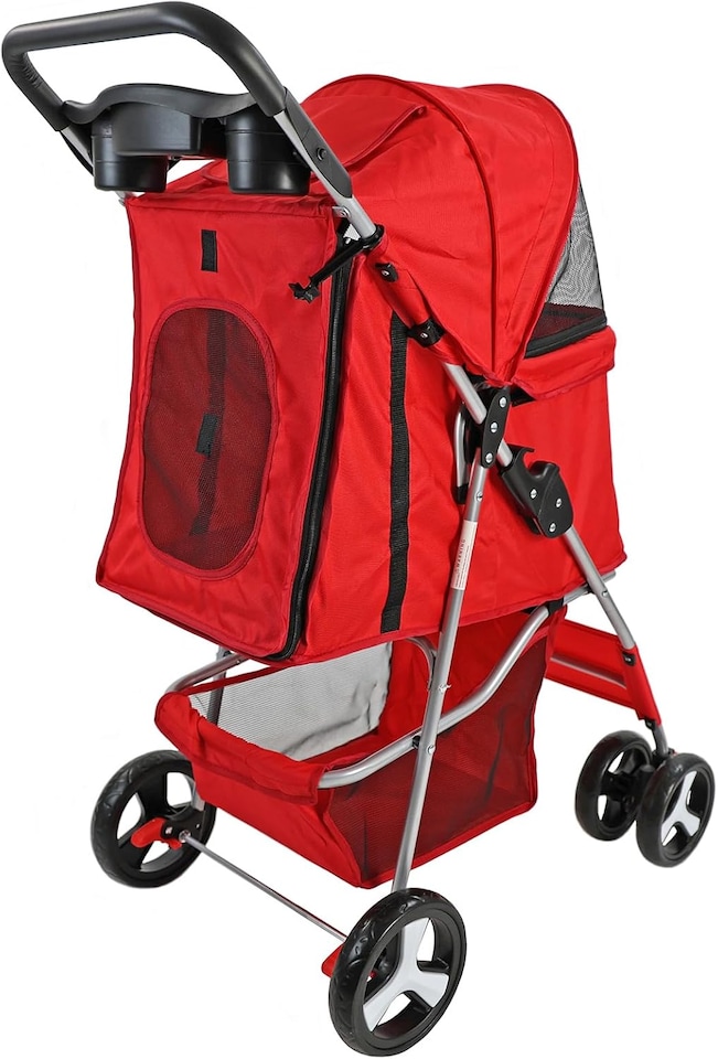 image 1 of Pet Stroller Dog Cat Puppy Pram Pushchair Travel Cart Jogging Buggy Carrier (Red)