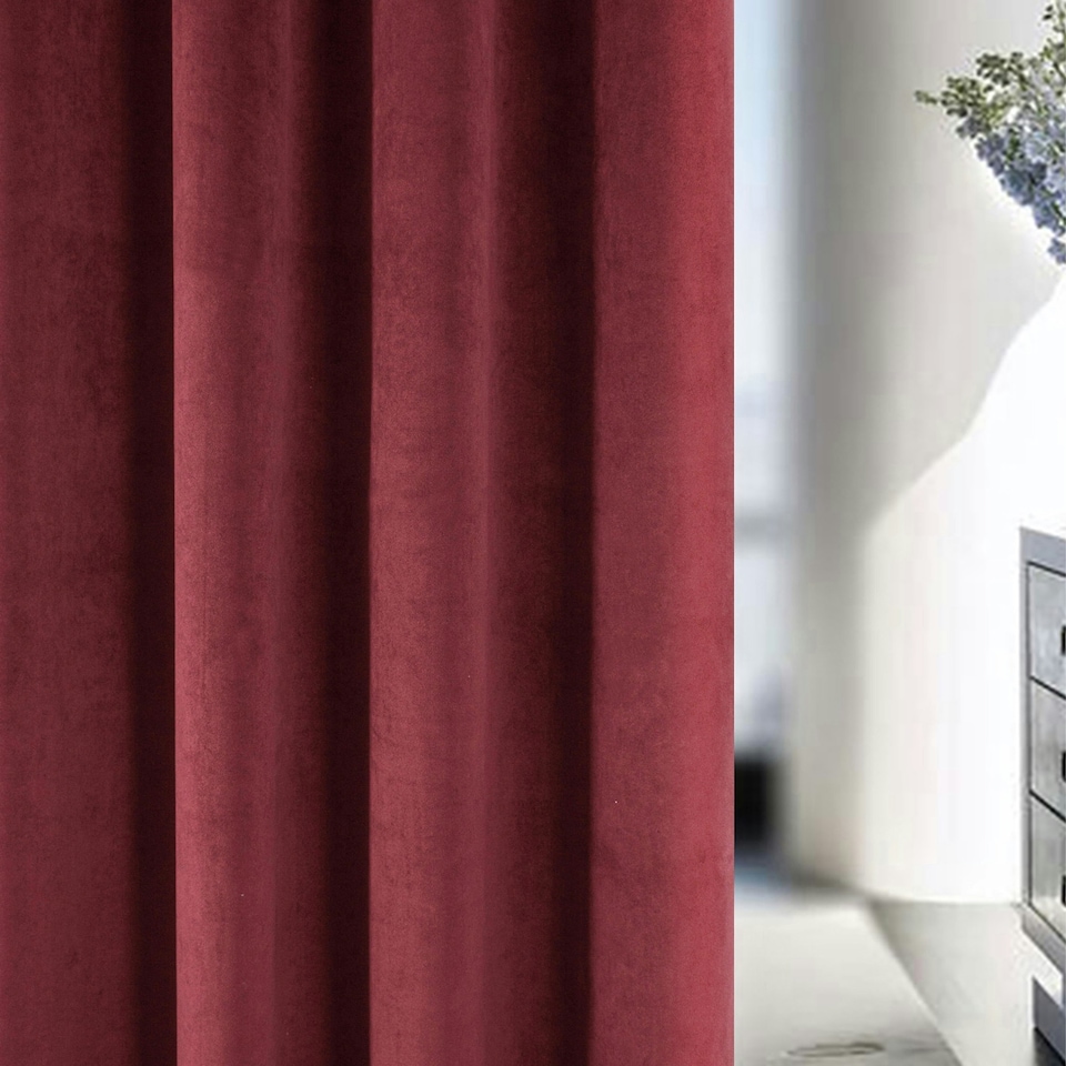 image 1 of Oxford Red Velvet Curtains 90 x 90 inch (229 x 229 cm) 100% Blackout Pencil Pleat Thermal Noise Reducing Curtains for Bedroom and Living Room