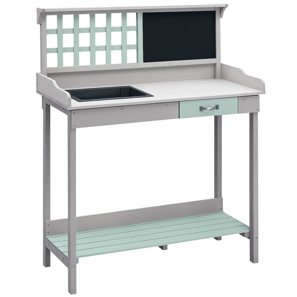 image 1 of HOMCOM Outdoor Potting Table Bench Workstation with Wood Planting Shelves | Grey | Dark Grey and Light Blue | Not provided