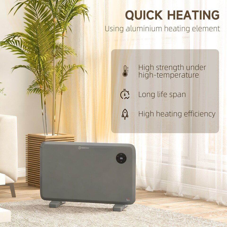 image 1 of HOMCOM 1200W Electric Panel Heater, Freestanding or Wall Mounted, Convector Heater with LED Display, Open Window Detection, Timer, Overheat Protection, Remote Control, Grey