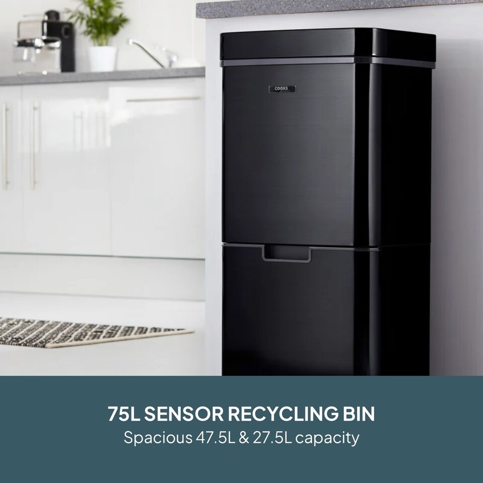image 1 of Cooks Professional Recycling Sensor Bin 75L with Dual Compartments & Food Caddy | Black | Black