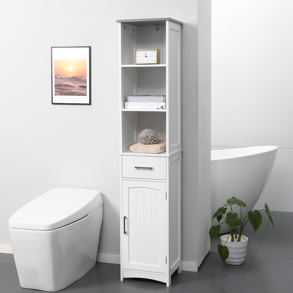 image 1 of kleankin Tall Bathroom Storage Cabinet with 3 Tier Shelf, Cupboard, Drawer, Door, Freestanding Linen Tower, Slim Side Organizer, White