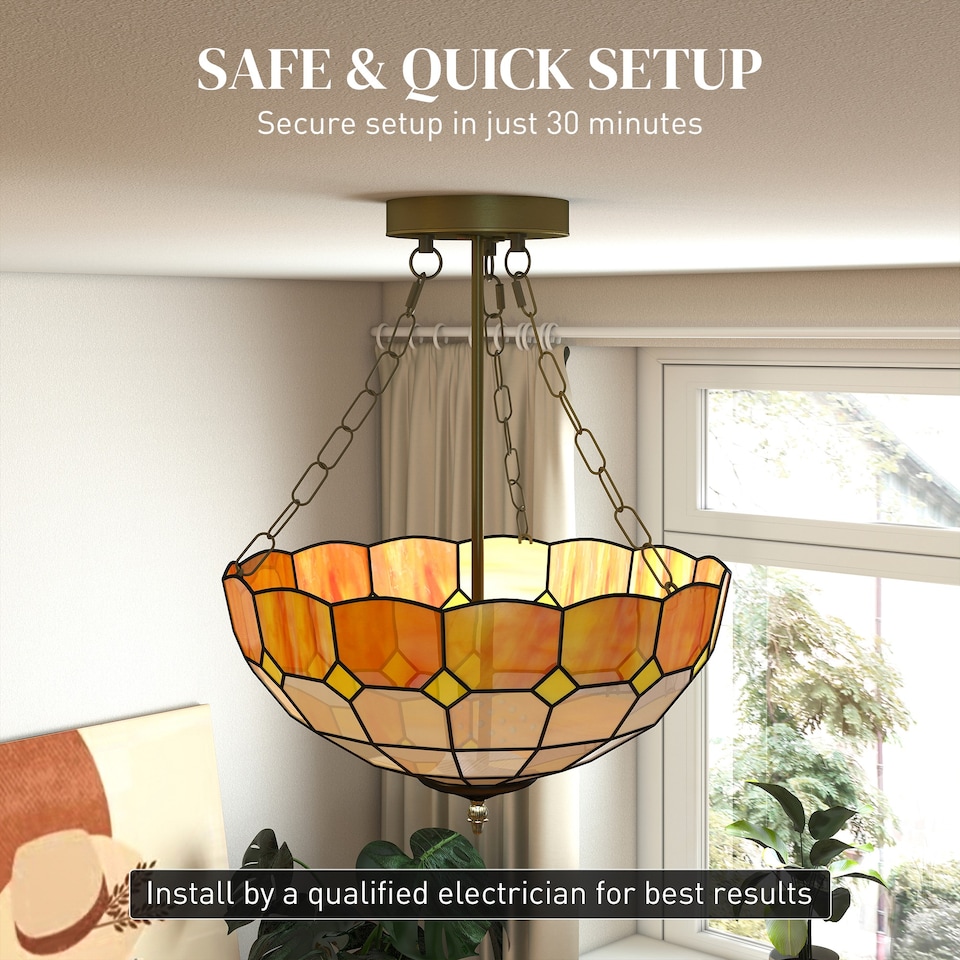 image 1 of HOMCOM Tiffany Style Ceiling Light, Vintage Chandelier with 3 E27 Sockets | Orange