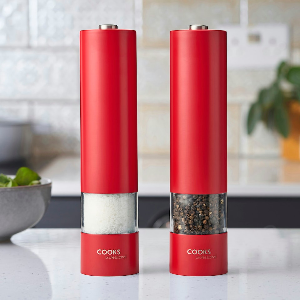 image 1 of Cooks Professional Electric Salt & Pepper Mill Set | Adjustable Grind Settings | Simple One-Button Operation | Red