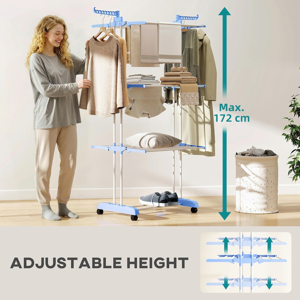 image 1 of HOMCOM Foldable Clothes Drying Rack Steel Garment Dryer with Casters Blue