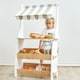 image 2 of Hooga Kids Wooden Toy Shop, Role Play Shop Market Stand With Realistic Shelving and Fabric Canopy