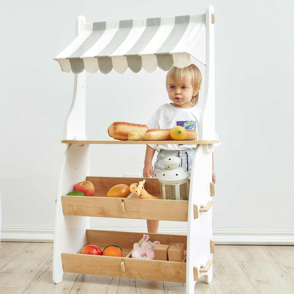 image 1 of Hooga Kids Wooden Toy Shop, Role Play Shop Market Stand With Realistic Shelving and Fabric Canopy
