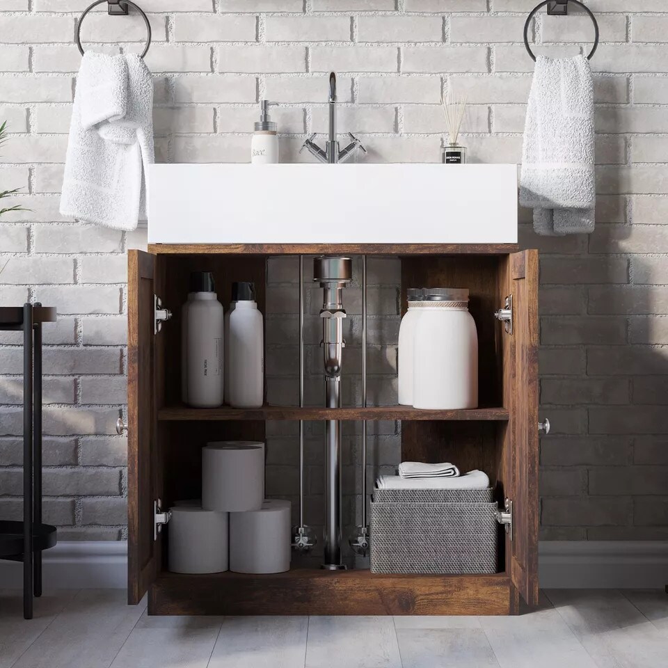 image 1 of Under Sink Full Pedestal Basin Cabinet Cupboard Bathroom Storage Unit | Brown | 1