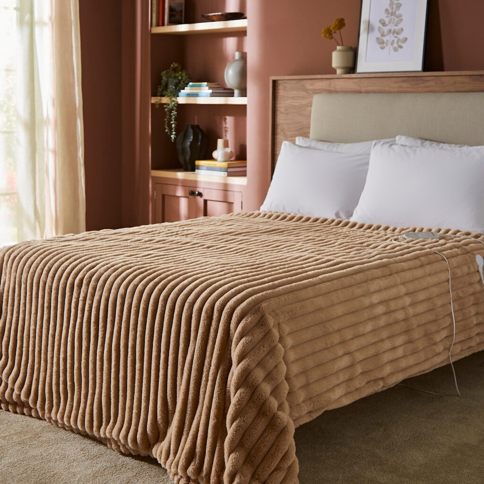 image 1 of MORPHY RICHARDS FLANNEL FLEECE & STRIPED FAUX FUR THROW 160CM X 130CM MOCCA