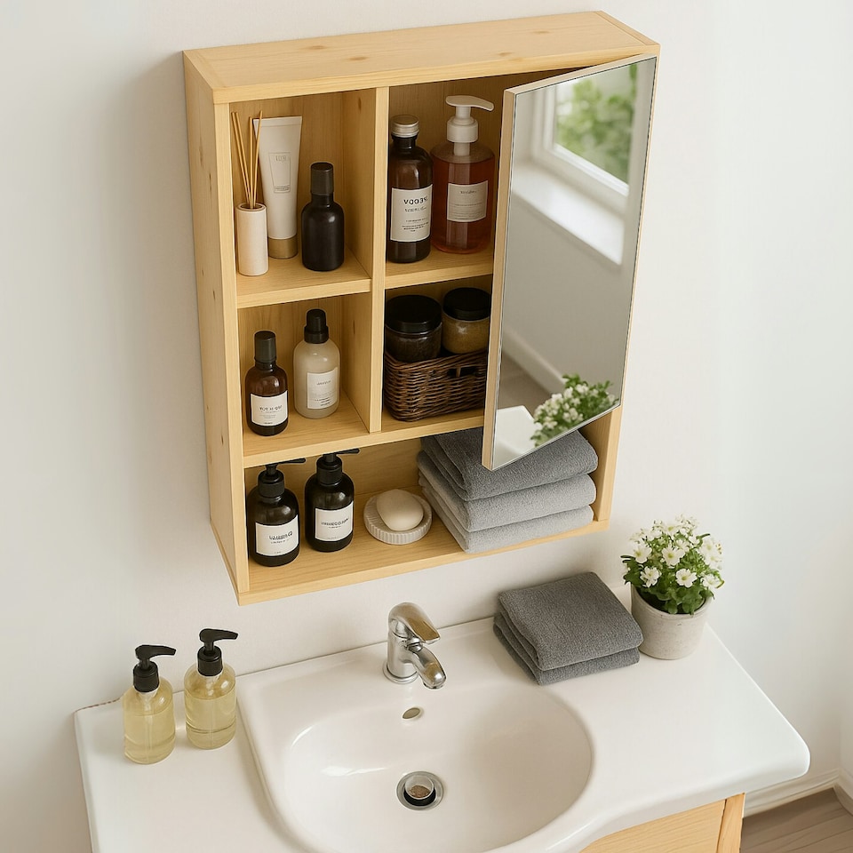 image 1 of Wooden Bathroom Wall Storage Cabinet Organiser With Mirror Natural Brown Brown