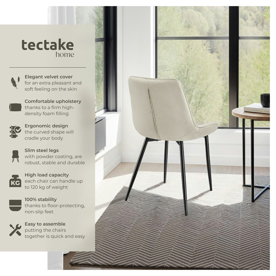 image 1 of Dining Chair Monroe - padded, velvet look, ergonomic seat, black steel legs - Set of 4 Cream