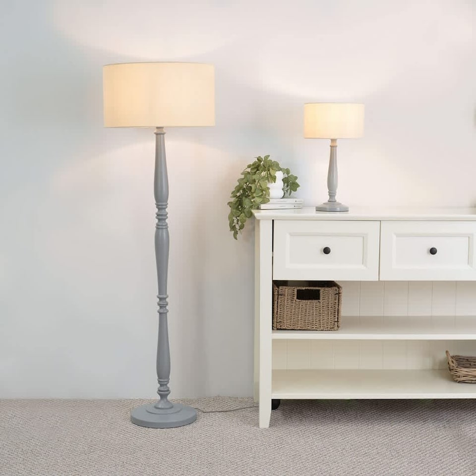 image 1 of ValueLights Victoria Grey Wood Floor Lamp Cream Shade