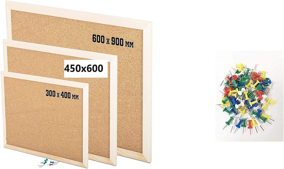 KAV High Quality Wooden Frame Cork Notice Boards Office Memo School with 100 Push Pins Classic Wood Frame Board (600MM x 900MM)