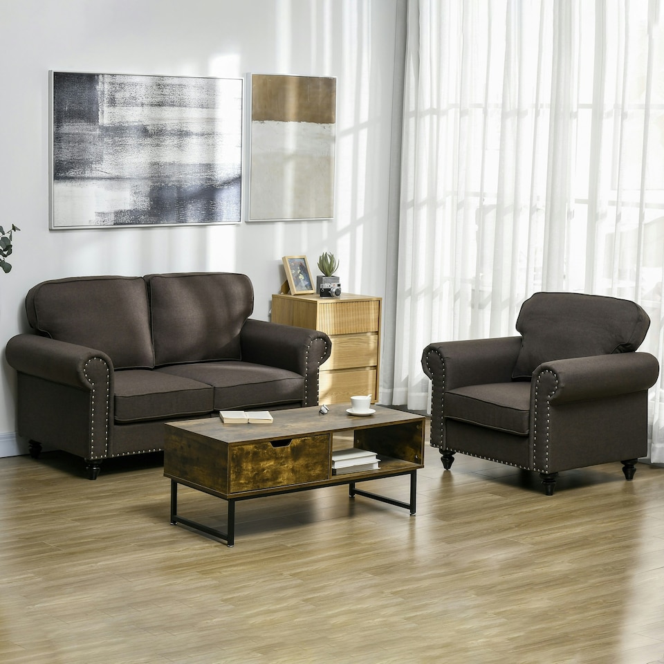 image 1 of HOMCOM 2 Seater Sofa for Living Room, with Nailhead Trim, Dark Brown