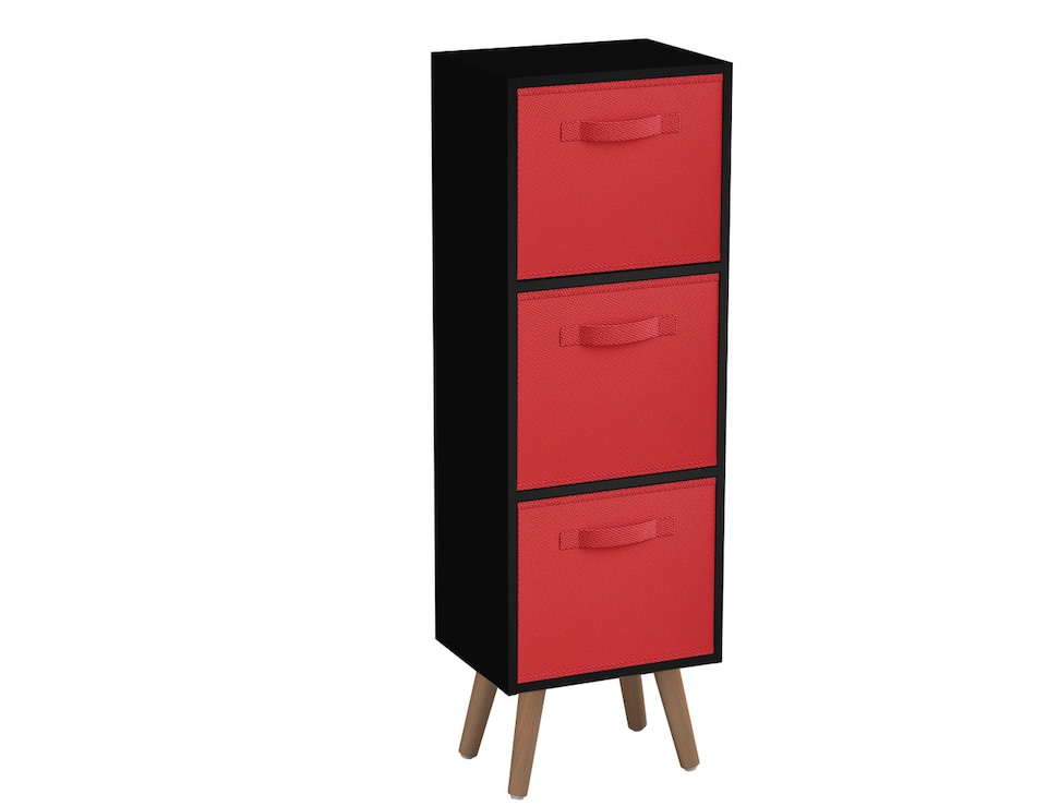 image 1 of Black 3-Tier 3-Drawer Cube Shelving Unit with Scandinavian Legs | Red | Red & Beech | 1
