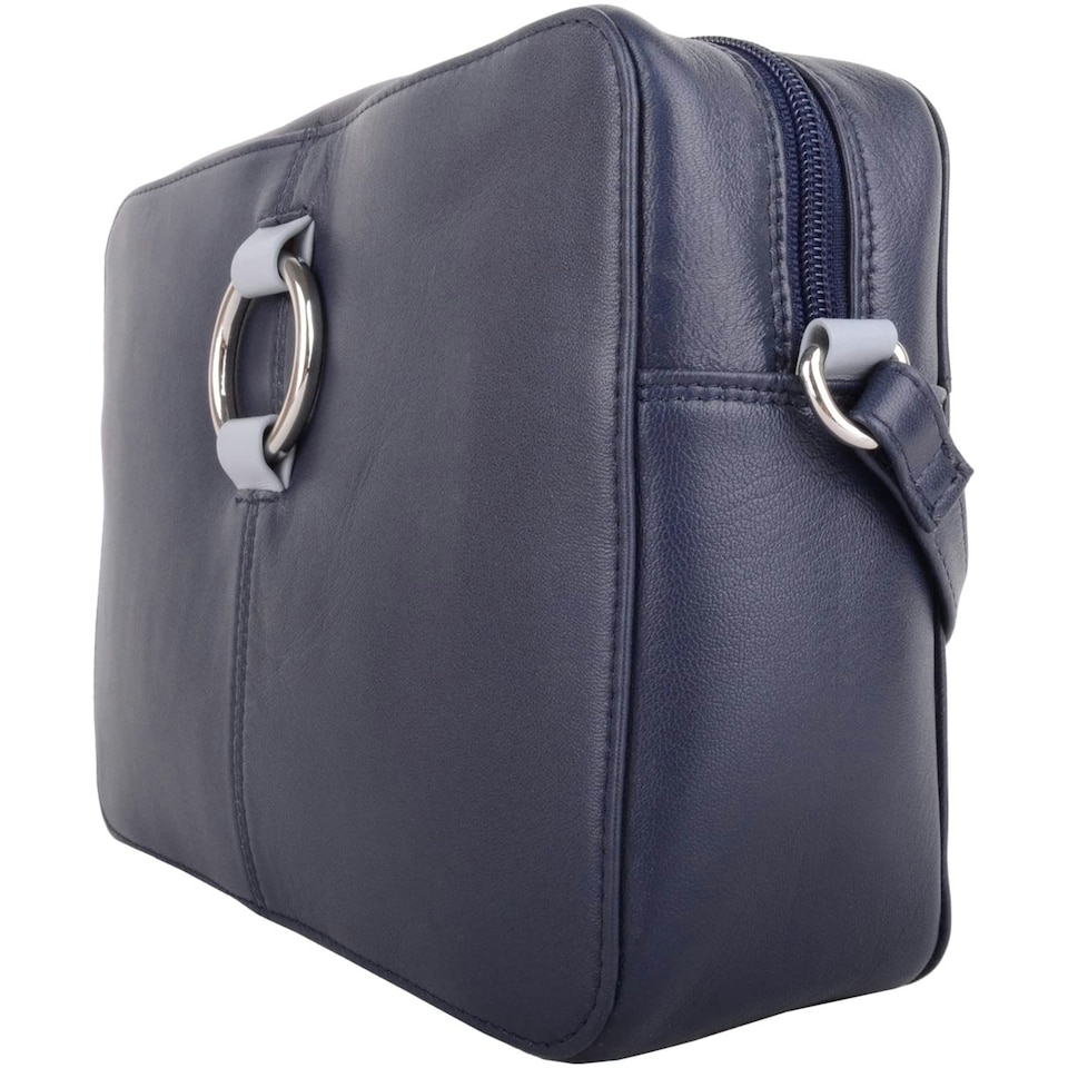 image 1 of Genuine Soft Leather Boxy Style Crossbody Shoulder Handbag Blue | Navy
