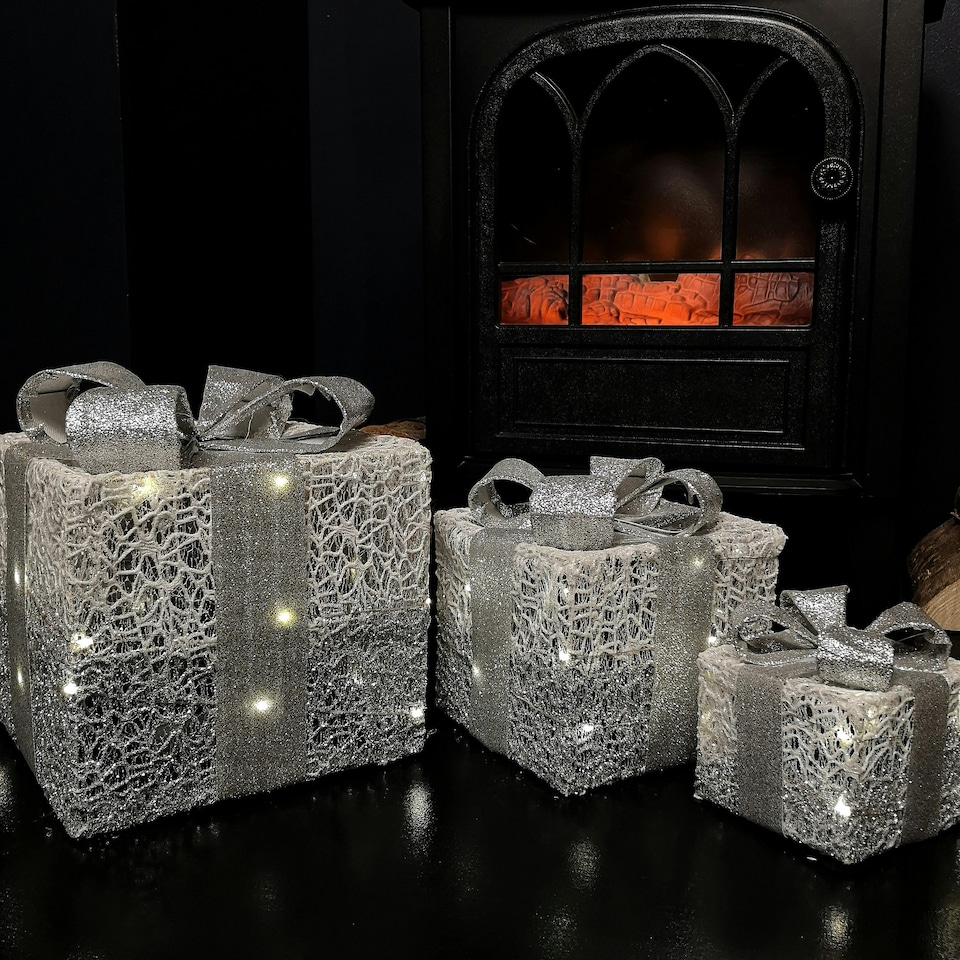 image 1 of Set of 3 Battery Operated Silver Sparkly Christmas Gift Boxes with LEDs