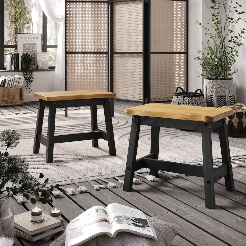 image 1 of Corona Pair of Live Edge Wooden Dining Stools - Rustic Single Seat Stools in Black or Grey Finish | Black | Black | One Size | 1