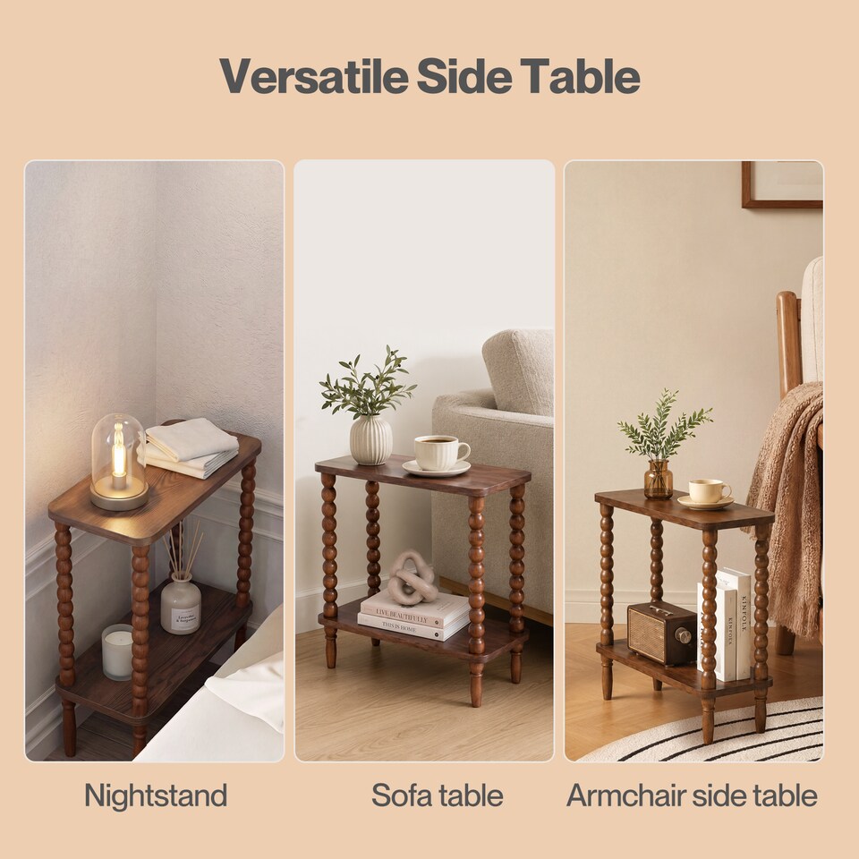 image 1 of Levede Narrow Side Table 2 Tier Storage MDF End Table Rubber Wood Legs Brown