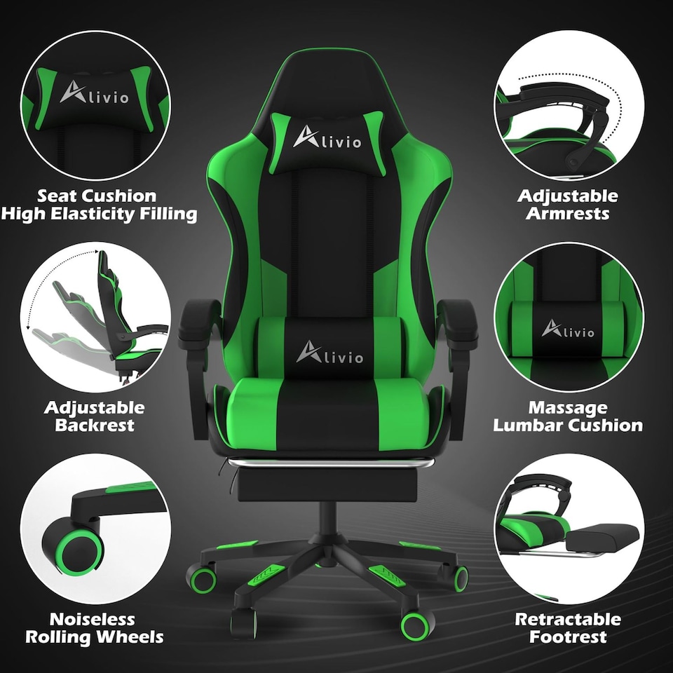 image 1 of Alivio Ergonomic Gaming Chair with Massage Lumbar Cushion & Retractable Footrest, PU Leather Video Game Chair (Green)