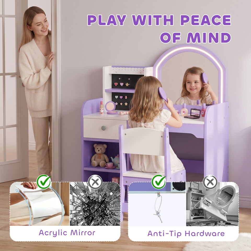 image 1 of AIYAPLAY Kids Vanity Set, Girls Dressing Table with Stool, Purple