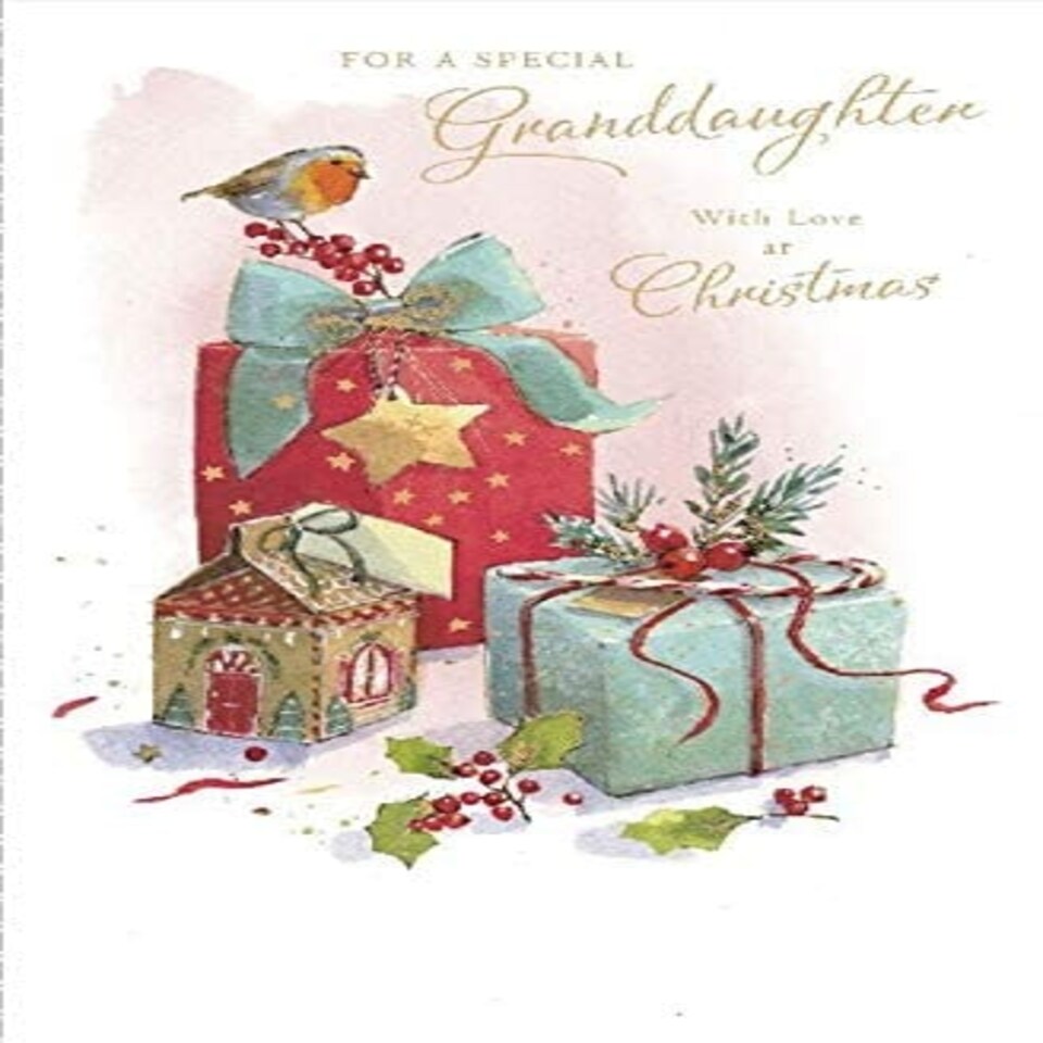 image 1 of Granddaughter Traditional Red Robin and Presents Christmas Card