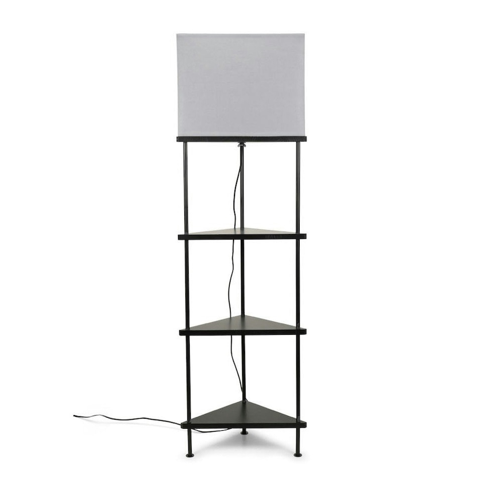 image 1 of ValueLights Taska Black Wooden 3 Tier Corner Floor Lamp with Grey Fabric Shade and Storage Shelves - Bulb Included | Black