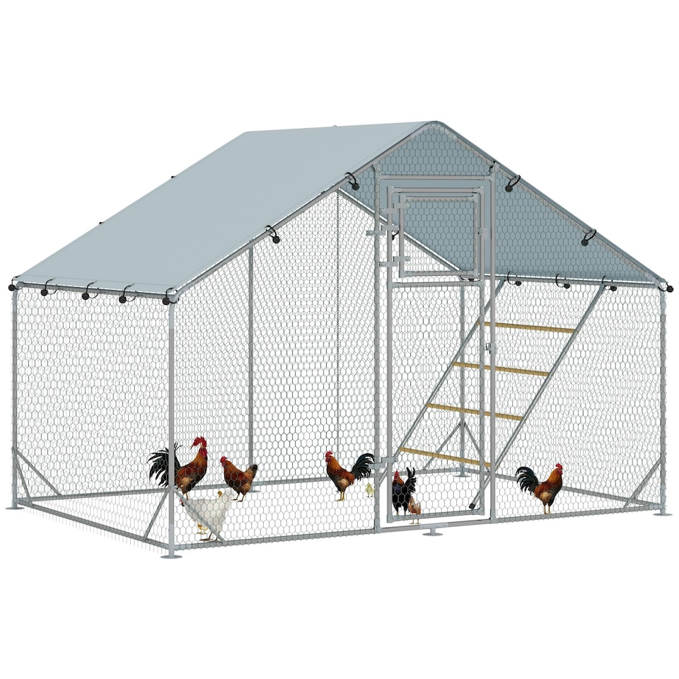 image 1 of PawHut Walk in Chicken Run with Waterproof & UV-Resistant Cover, Hanging Feeder, Perch, Hen Poultry House for 6-8 Chickens, Ducks, Rabbits, Geese, Silver