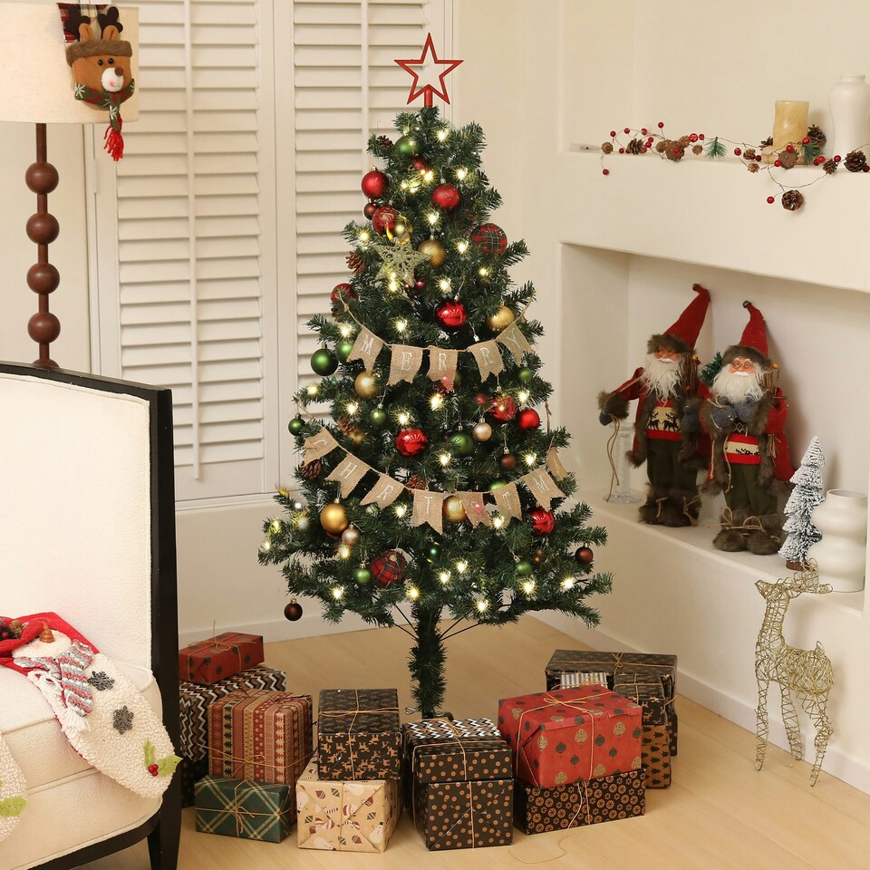 image 1 of HOMCOM 5ft Artificial Christmas Tree with LED Lights and Red Decorations