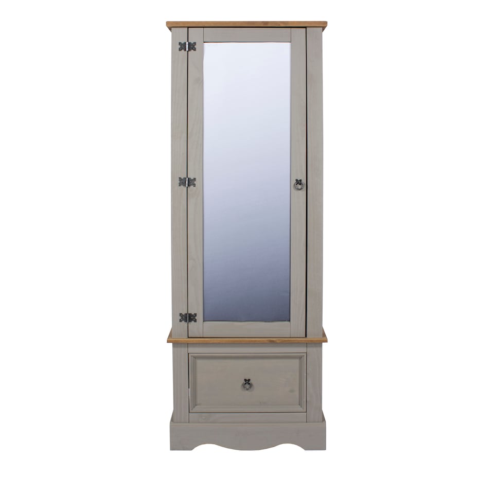image 1 of Corona Armoire with Mirrored Door and Drawer - Solid Wood Wardrobe with Hanging Rail and Storage | Grey | Grey | One Size | 1