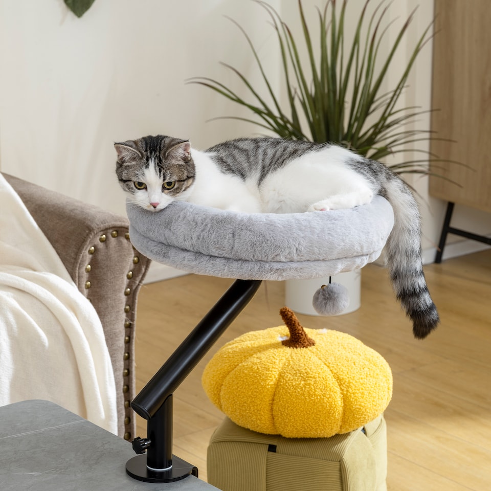 image 1 of PawHut Cat Bed for Desk, 360 degrees Rotatable Adjustable Elevated Cat Desk Bed, Comfortable Soft Plush Kitten Hammock Nest Cushion Machine-Washable