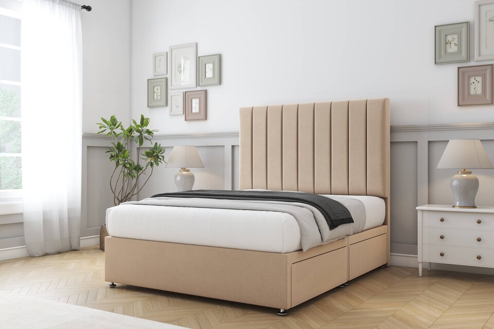 image 1 of Sloomy Kansas Pebble Plush Divan Bed Base 2 Drawers Same Side With 26 Inch Strutted Headboard | Brown | Pebble | King | 1