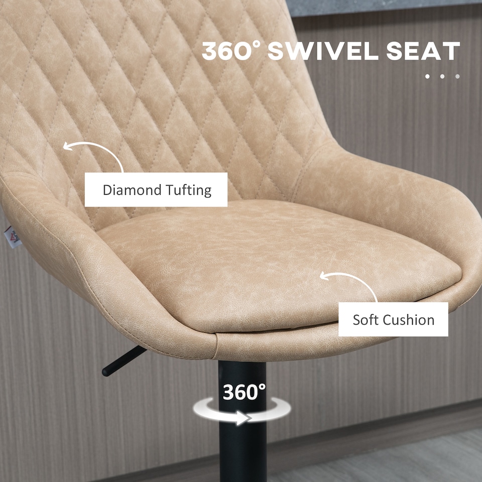 image 1 of HOMCOM Breakfast Bar Stools Set of 2 with 51x40cm Wide Seat, Height Adjustable Kitchen Counter Chairs, Retro Swivel Upholstered Barstools with Back, Footrest and Steel Base, Light Khaki