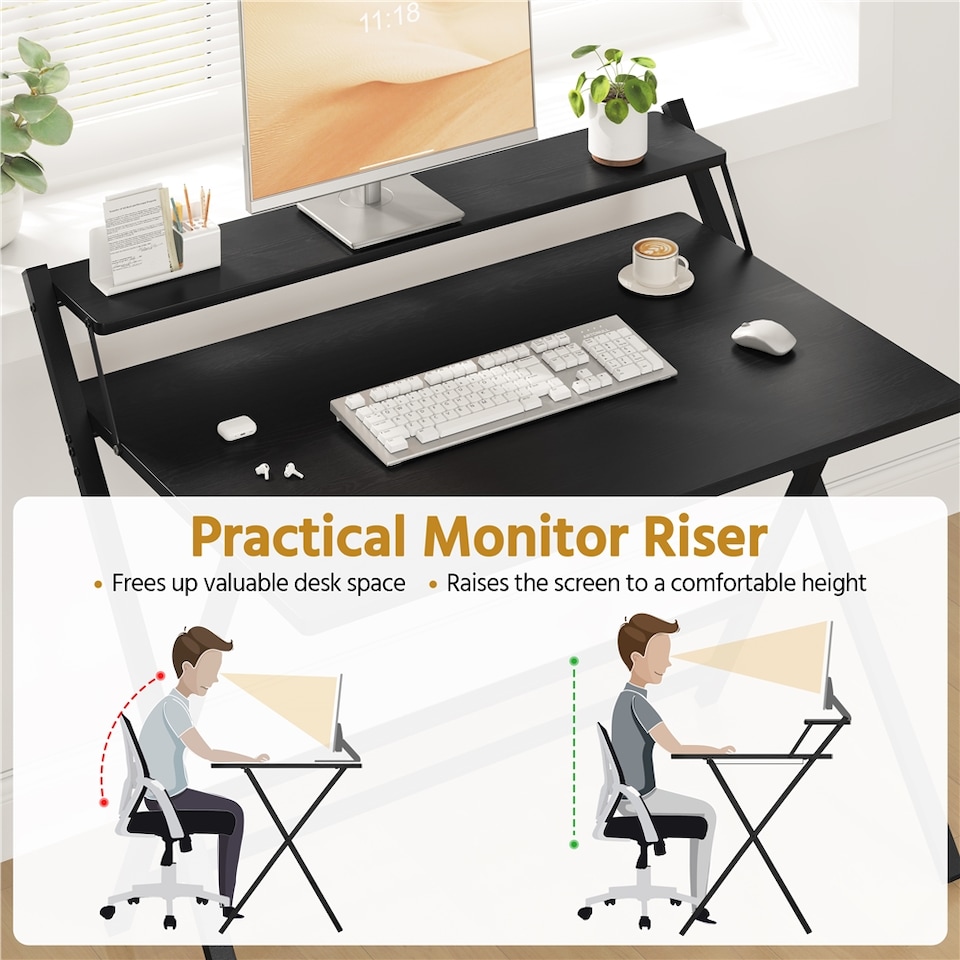 image 1 of Yaheetech 2-Tier Foldable Computer Desk with Monitor Shelf-Black | Black | Black | 106.5 cm L × 60.5 cm W × 90 cm H | 1