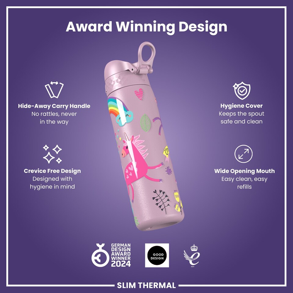 image 1 of Leak Proof Slim Water Bottle, Vacuum Insulated, 500ml (17oz) | Pink | Unicorn | One Size
