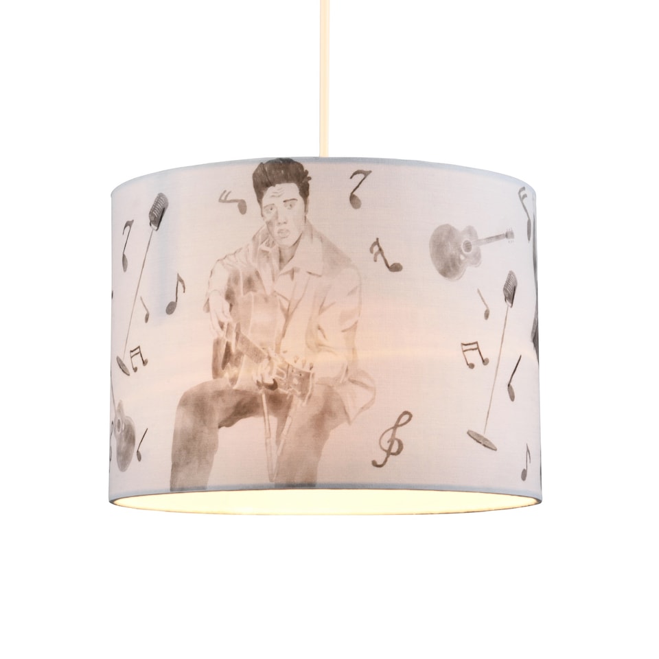 image 1 of Elvis Presley Themed Linen Lampshade with Famous Poses and Guitars Musical Notes | Grey
