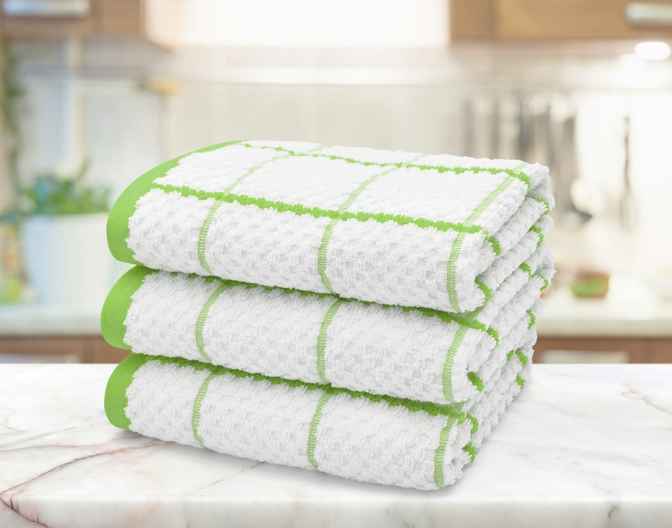 image 1 of Velosso Embroiderd Woven Checked Cotton Tea Towel 3 Pack | Green | Lime | One size