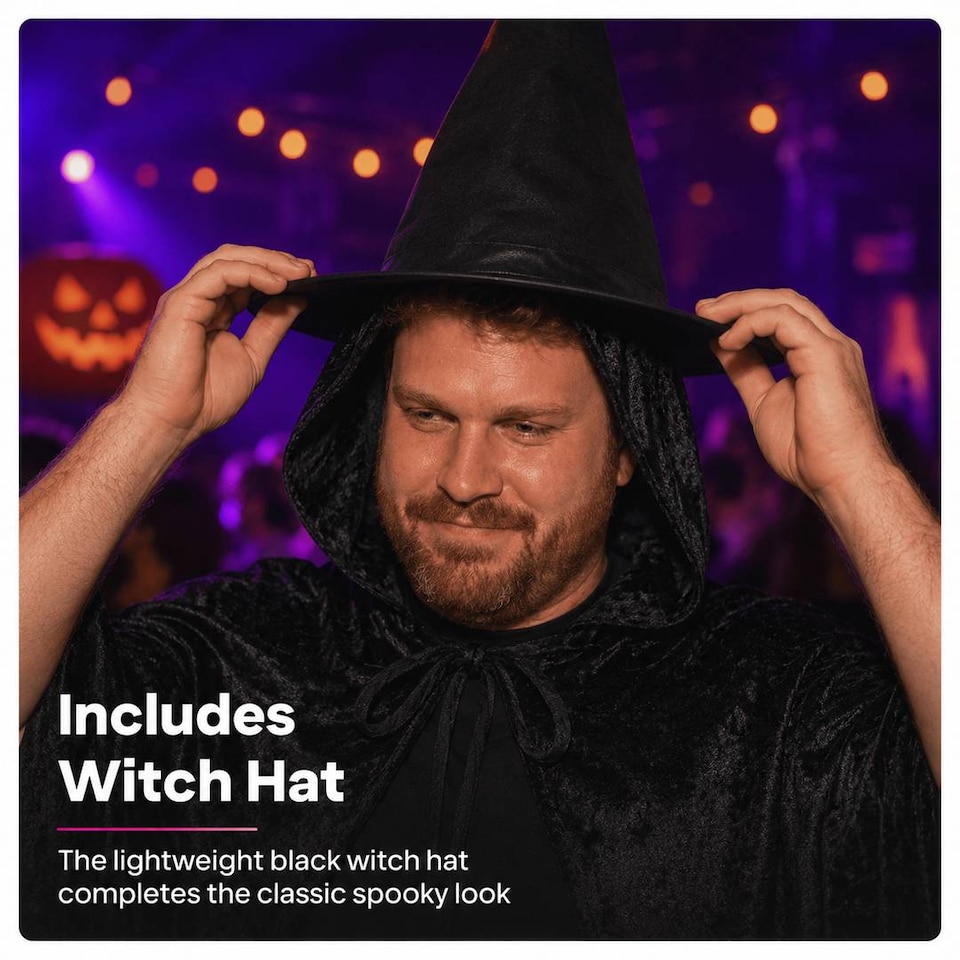 image 1 of Adult Witch Costume Set - Halloween Cape, Pointed Hat & Broomstick