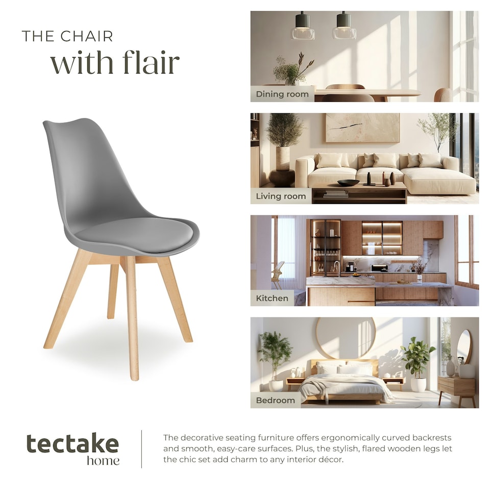 image 1 of Dining Chairs Frederikke - padded, ergonomic shape, wooden legs - Set of 8 Grey