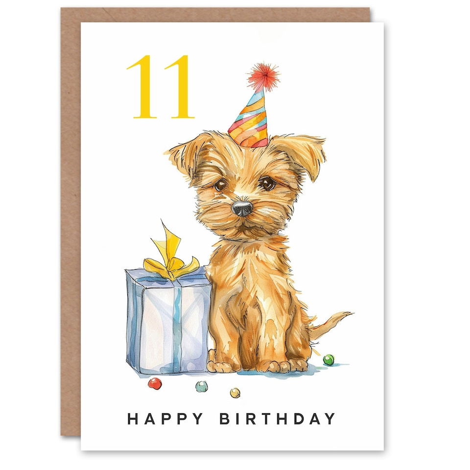 image 1 of 11th Cute Terrier Dog Puppy Party Hat Kids Age 11 Year Old Child Birthday Card